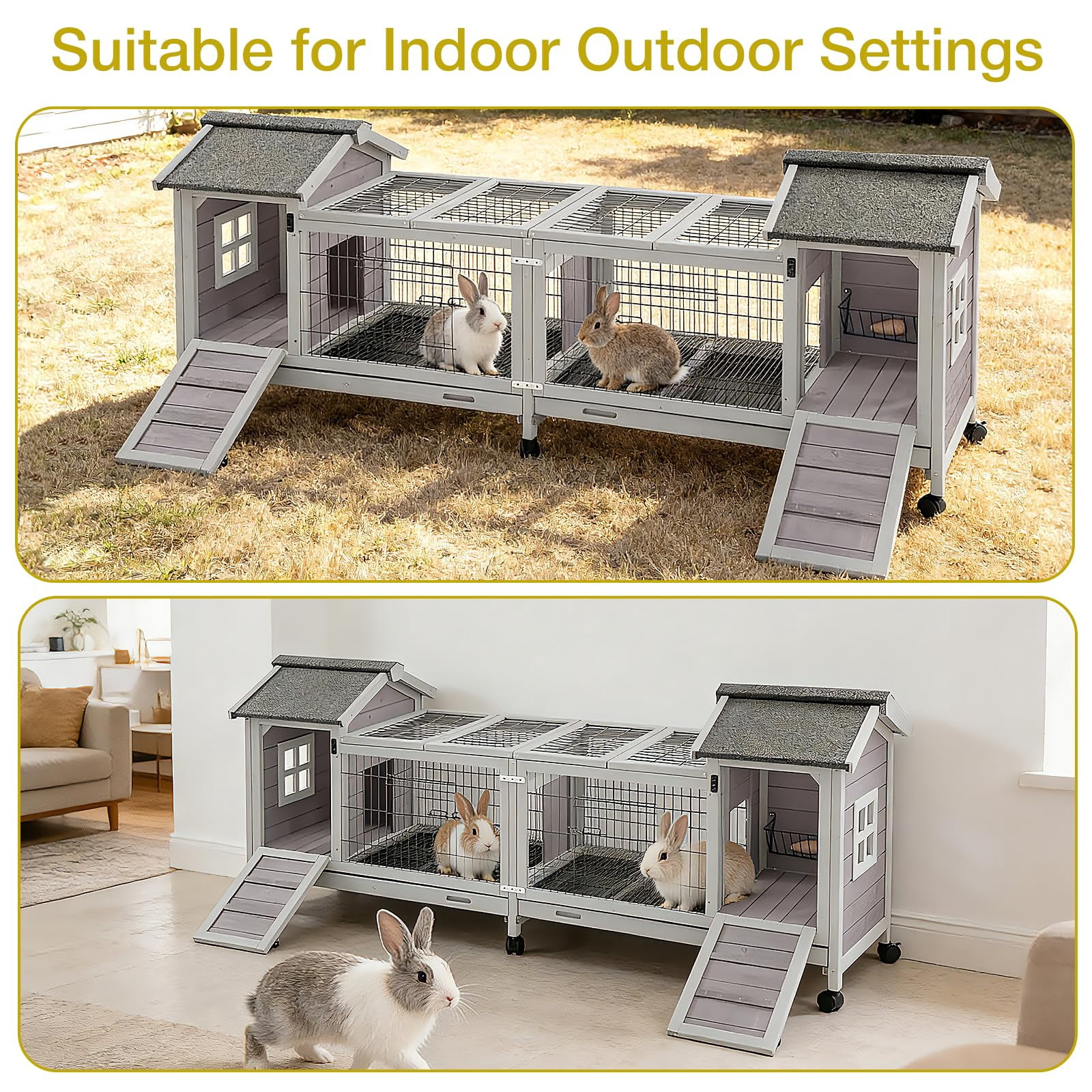 Aivituvin Rabbit Hutch Indoor Outdoor, Large Bunny Cage with Double House and Run, 10.4 ft² Guinea Pig House, Upgrade Deeper No-Leak Trays, On Wheels for Easy Moving