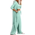 thumbnail image 3 of Conjunto de Pijama de 3 Piezas para Mujer, Cárdigan de Punto de Larga, Top Corto, Pantalones Anchos y Ropa de Estar por Casa. Verde S, 3 of 8