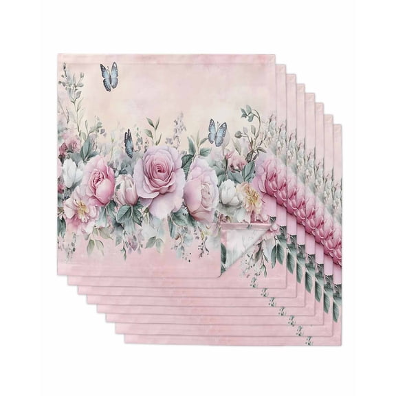 nqOlkjepod Pink Roses Floral Cloth Napkins Set of 8 Reusable Dinner Napkins, Vintage Romance Botanical Flowers Cocktail Napkin Washable Table Napkins for Wedding/Holiday Party/Baby Shower 20"x20"