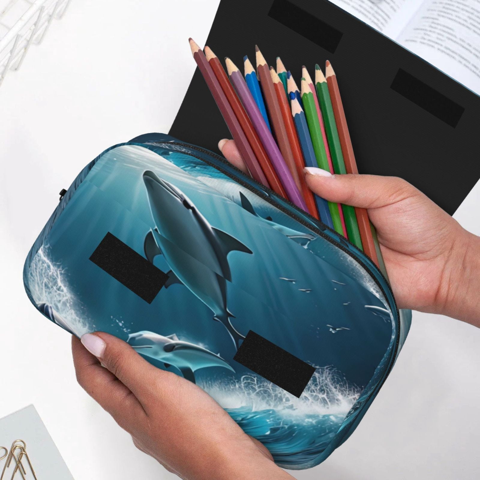 Rateoe Ice Blue Ocean Cute Dolphin A Pattern Double Clamshell Pen Case, Storage Organizer with Two Zipper Compartments– Holds Up to 50 Pencils & Pens
