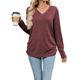 thumbnail image 3 of T-shirts pour Femmes à Col en V à Manches Longues Hauts Décontractés Doux Unis T-Shirt Basique Jujube Rouge m, 3 of 9