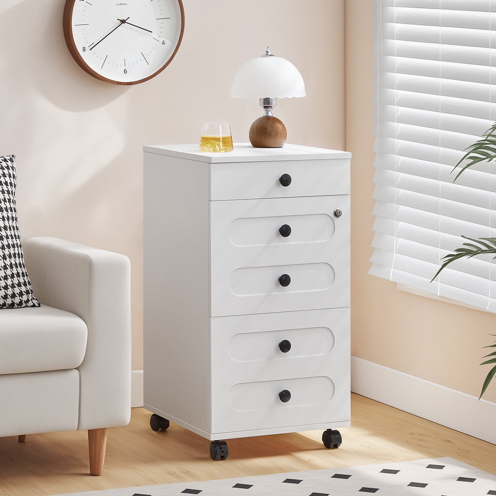 HOOBRO 3 Drawer File Cabinet with Lock, Wooden Farmhouse Office Storage Cabinet, Under Desk Mobile Filing Cabinet fits Letter / A4 Size for Home Office, Modern Rolling Printer Stand, White WT32WJ01