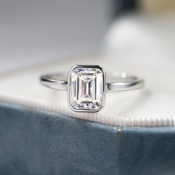 Hitanshu Jewels Women's Emerald Cut Cubic Zirconia Bezel Set Wedding Ring 14k White Gold Finish