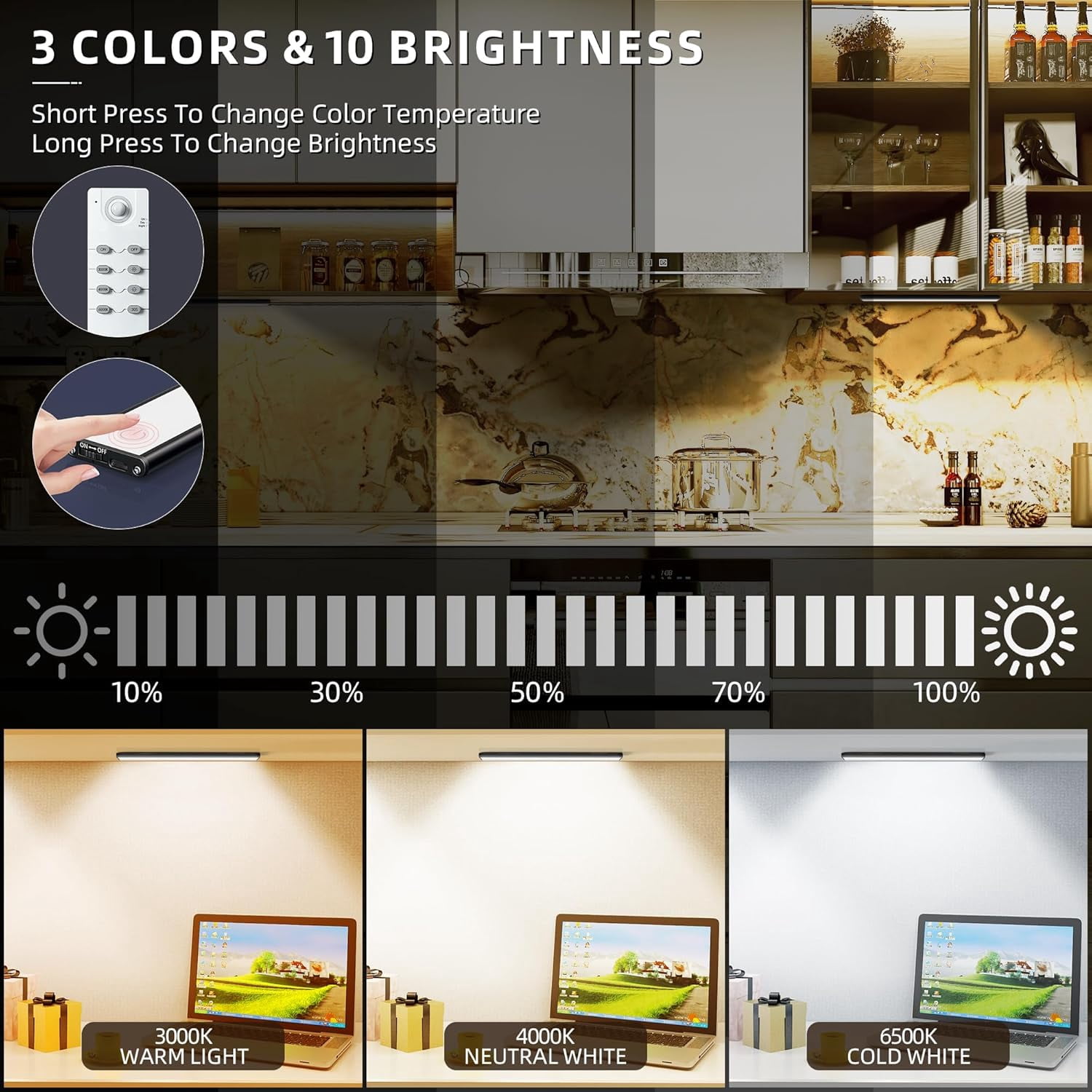 Under Cabinet Lighting,204 LED Wireless Motion Sensor Light Indoor, Rechargeable Closet Lights Battery Operated,Dimmable & 3 Color Temps,Magnetic Under Counter Lights for Kitchen, Closet