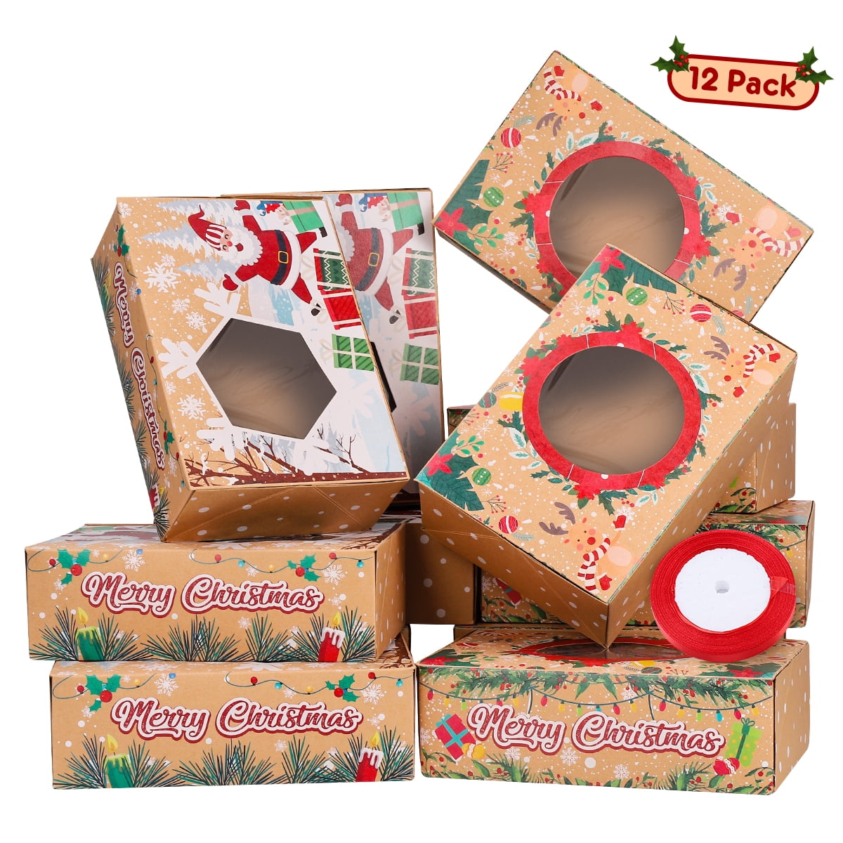 Cabilock 12pcs Christmas Cookie Boxes Doughnut and Cookie Gift Boxes with Clear Window and 22m Ribbons,Candy and Cookie Boxes for Gift Giving