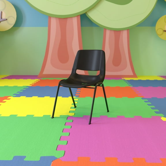 BizChair 440 lb. Capacity Kid's Black Ergonomic Shell Stack Chair with Black Frame and 12" Seat Height