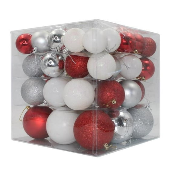 62 Pack of Red, Silver, and White Assorted Ornaments