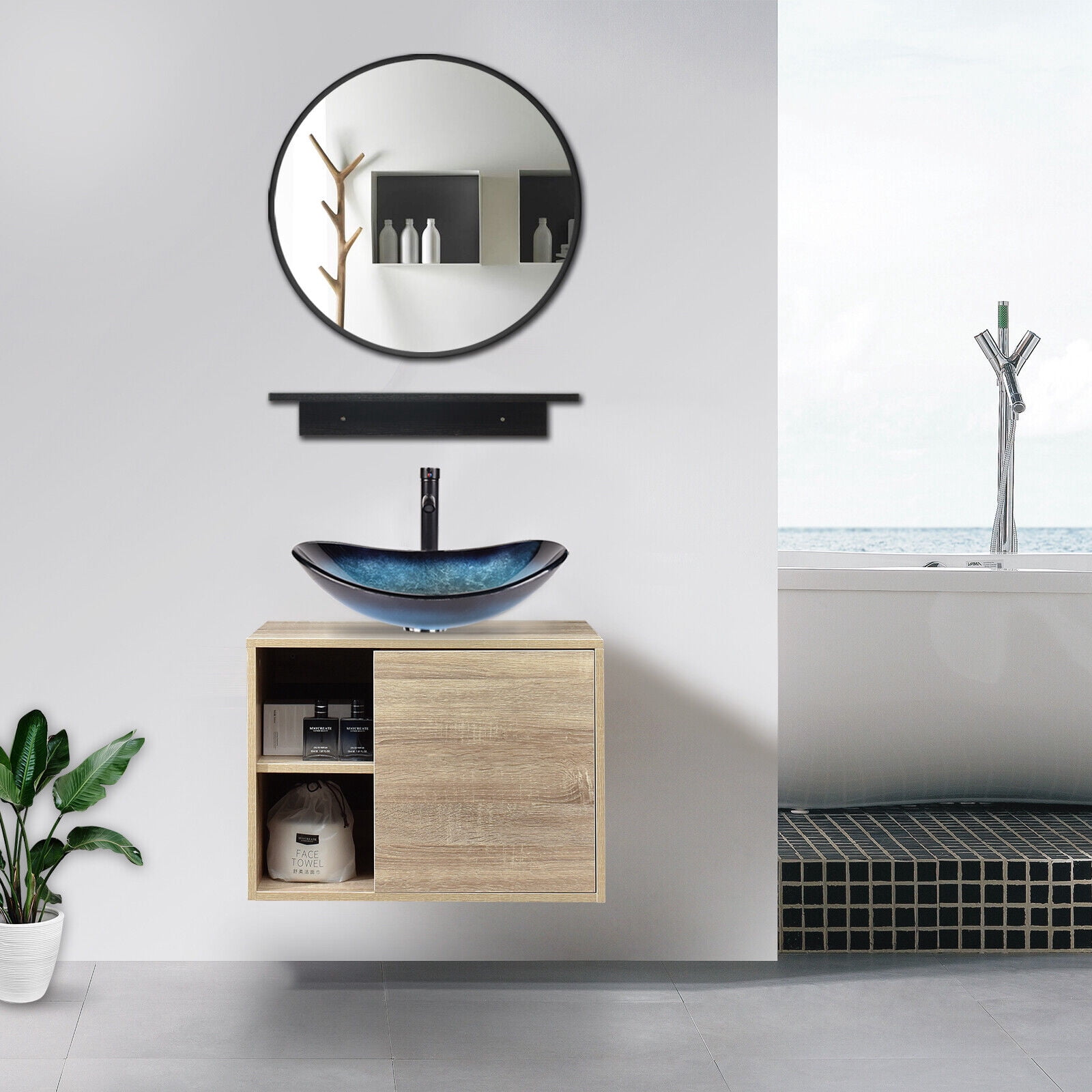 ELECWISH 24Inch Bathroom Vanity Set Wall Mounted Cabinet with/ Vessel Sink Mirror Shelf , PVC Panel Natural Cabinet with Black Side Panels(Cabinet + Sink)