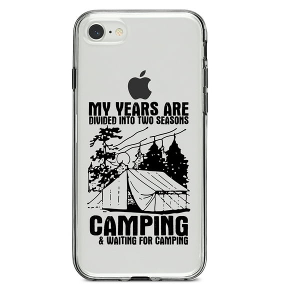 DistinctInk Clear Shockproof Hybrid Case for iPhone 7 8 SE (2020 Model) 4.7" Screen TPU Bumper Acrylic Back Tempered Glass Screen Protector - Two Seasons - Camping, Waiting for Camping