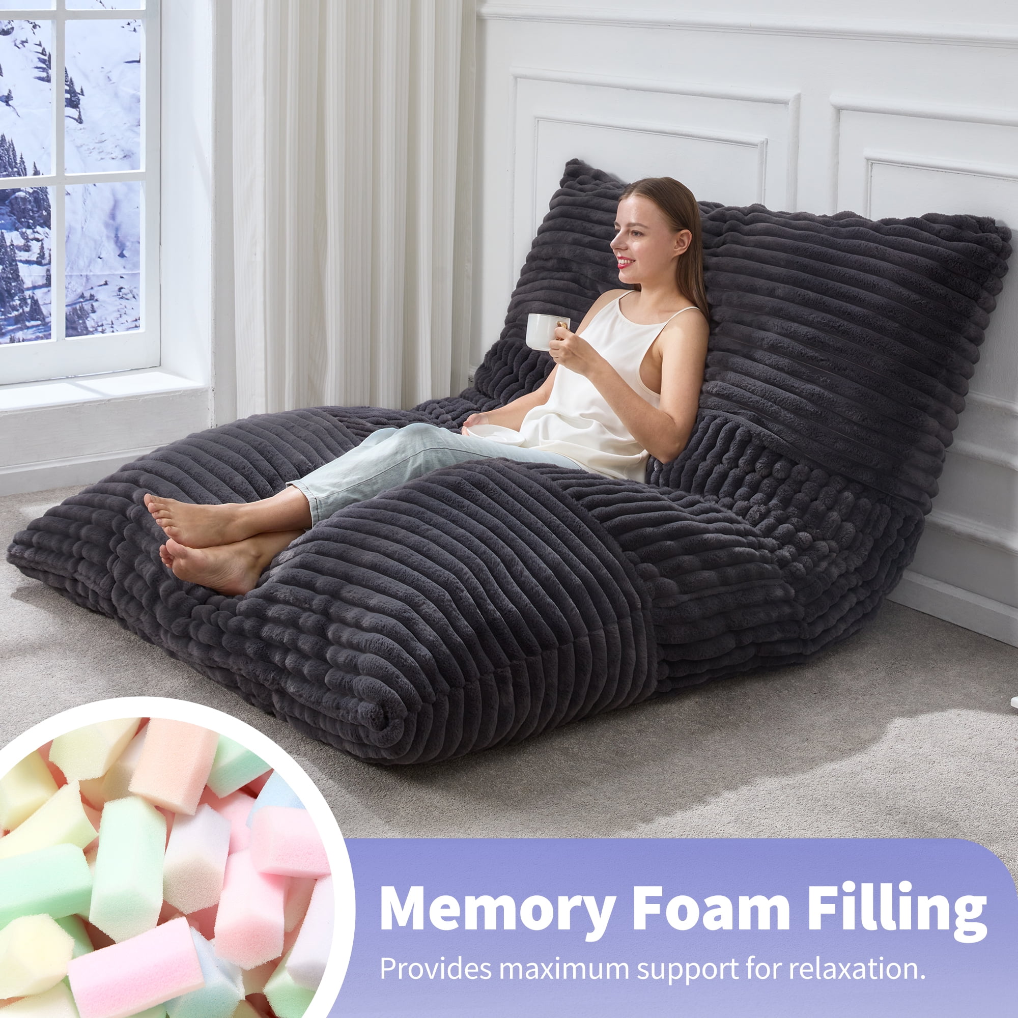 3 in 1 Giant Bean Bag Chair Convertible Bean Bag Chairs with Machine Washable Cover Large Beanbag Chairs for Adult (Dark Grey)