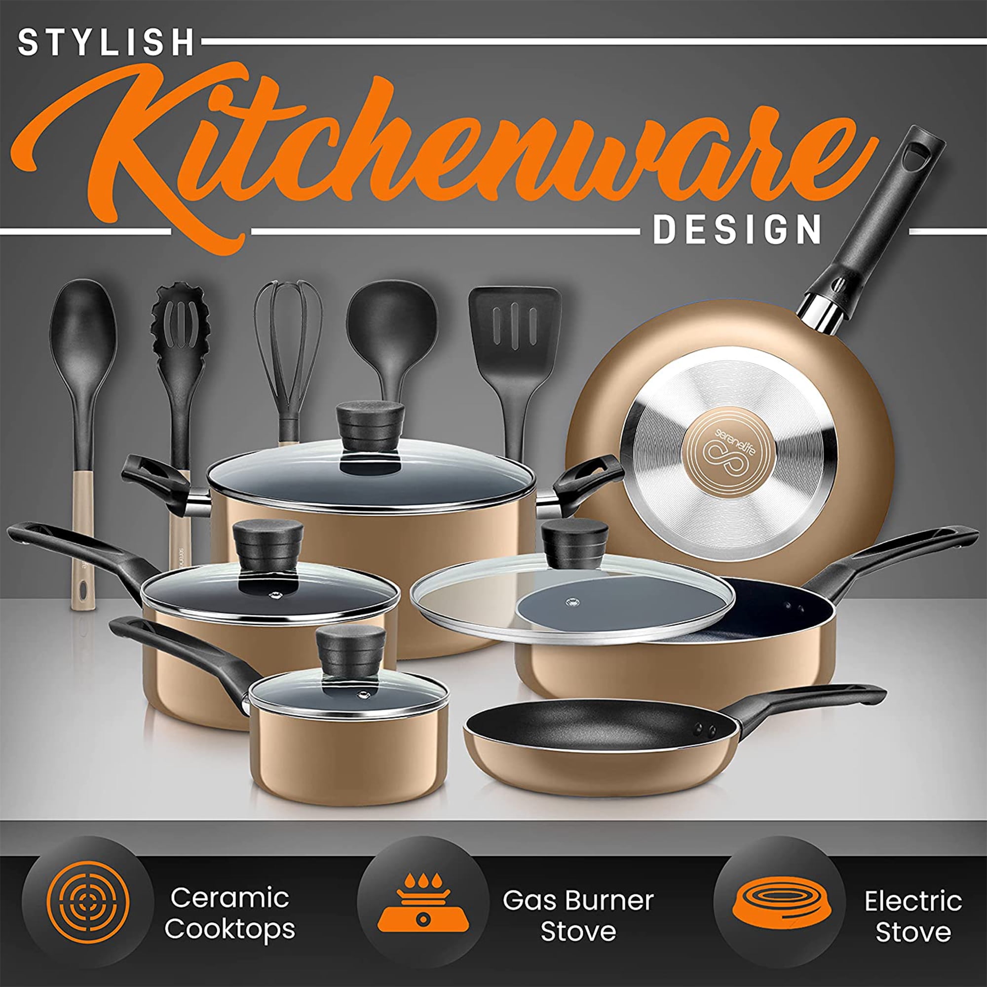 SereneLife 11 Piece Essential Home Heat Resistant Non Stick Kitchenware  Cookware Set w/ Fry Pans, Sauce Pots, Dutch Oven Pot, and Kitchen Tools,  Gold