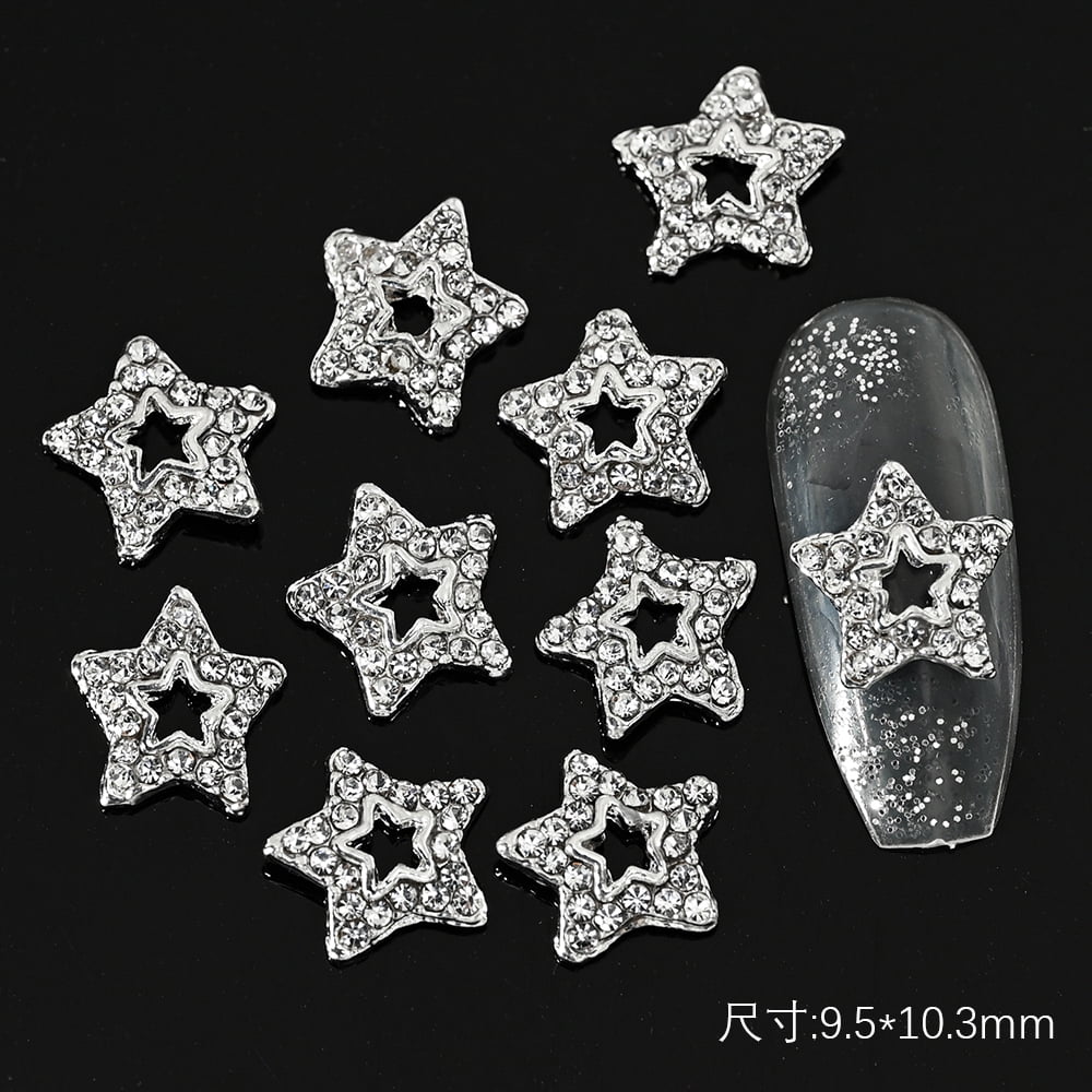 10pcs 3D Silver Pentagram Star Nail Art Alloy Rhinestone Luxury Metal Star Charms Nails Jewelry Gem Manicure Nail Art Decoration