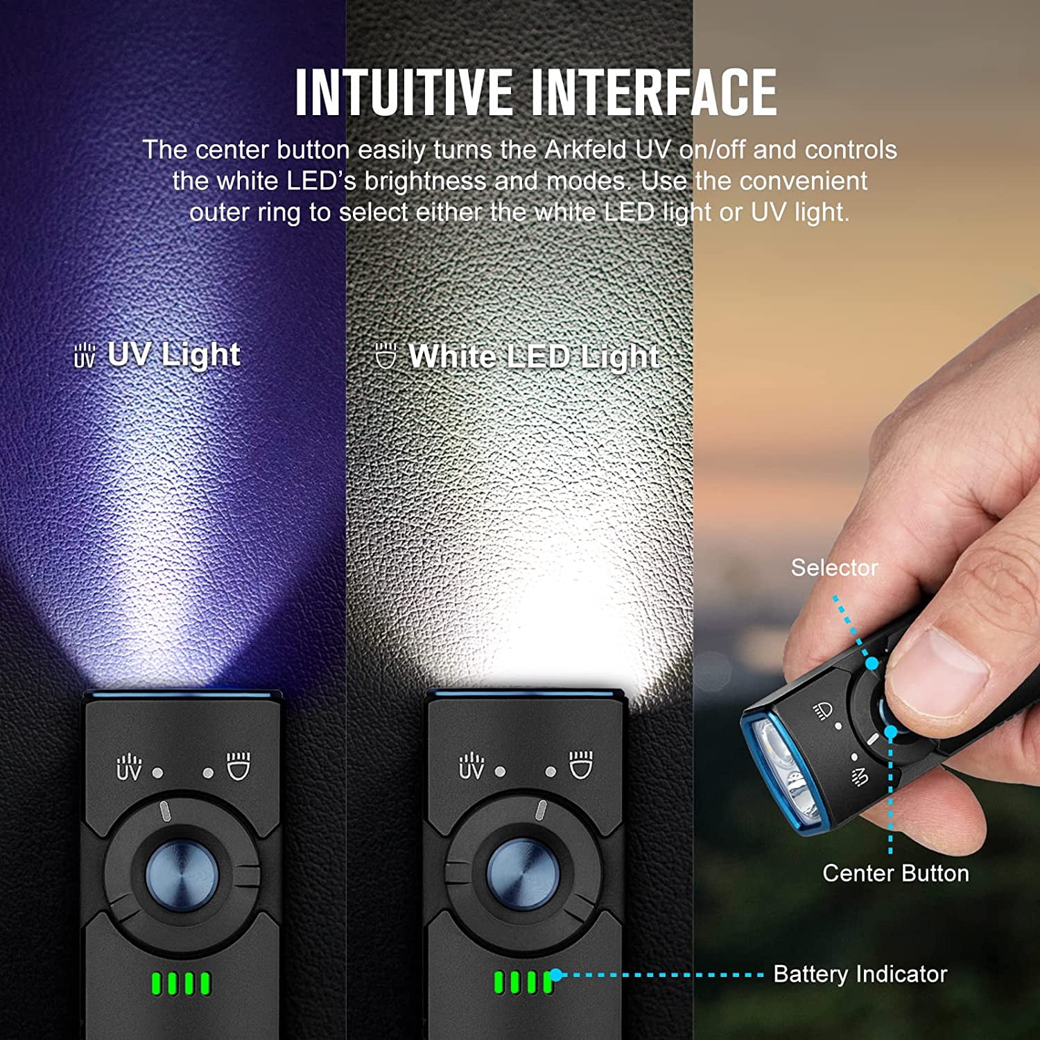 OLIGHT Arkfeld UV Rechargeable EDC Flashlight, 1000 Lumens White LED and 365nm Blacklight Combo for Outdoors, Emergency, Working, Pet Urine Detection (Black)