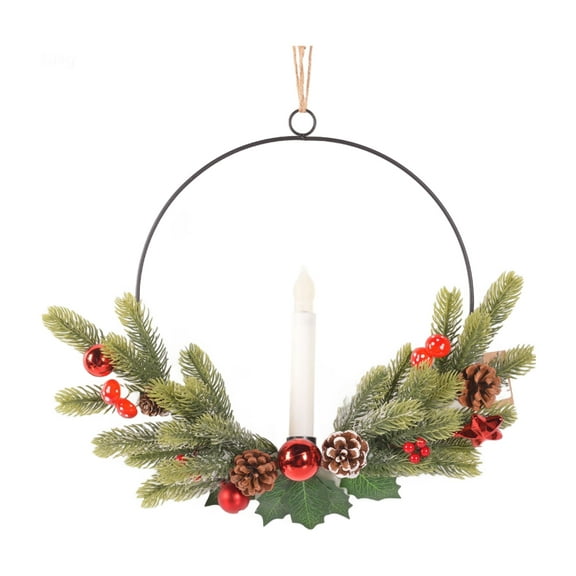 Christmas Wreaths for Front Door with Timer & Flickering LED Taper Candles & Remote, 16'' Windows Wreaths, Fireplace Christmas Decorations