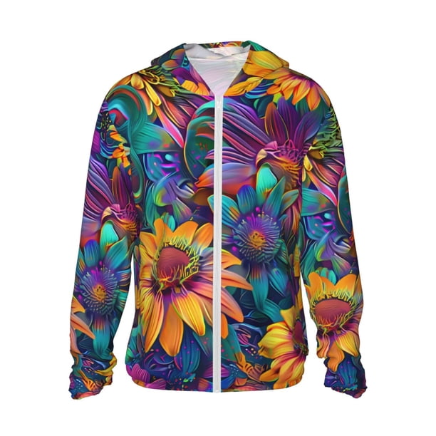 Balery Psychedelic Sunflowers Sudadera ligera de manga larga con capucha y protección solar UPF 50+ para hombre y mujer, ideal para pesca y running-Large