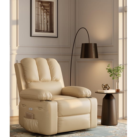 Accreate 27'' Oversized Recliner Chair for Adults, PU Leather Recliner with Cup Holders and Side Pockets, Ergonomic Manual Recliner for Adults, for Living Room, Bedroom, Home Theater, Creamy