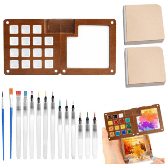 Mini Watercolor Paint Set, Travel Palette kit, Pocket Watercolor Set with Brush, Sketchbook & Copper Clip, Watercolor Travel Kit for Beginners, Artists & Painting Enthusiasts