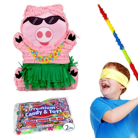 Hawaiian Luau Pig Pinata Party Kit - Includes Pinata, 2lb Filler, Buster Stick and Bandana