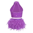 thumbnail image 3 of TiaoBug Kids Girls Dance Outfit 2-Piece Rhinestones Crop Top and Feather Tassel Skirt Latin Jazz Dancewear Purple 16, 3 of 6