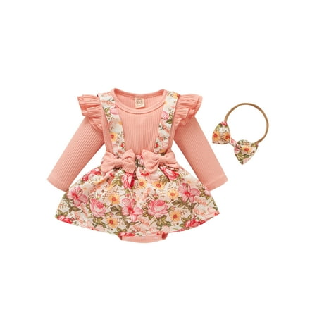 

Canrulo Infant Baby Girls Autumn Clothes Floral Long Sleeve Bodysuit Rommper Dress and Headband Outfits Pink 0-3 Months