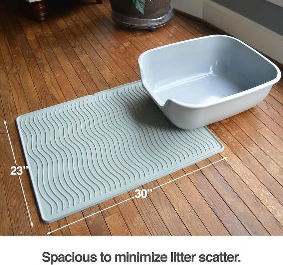 PetFusion ToughGrip Silicone Waterproof Cat Litter Mat, with Inner Channels and Raised Outer Lip, Standard, Gray