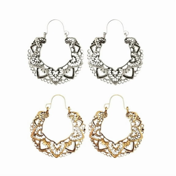 2Pair Bohemian Lotus Hoop Earrings for Women, Vintage Filigree Floral Drop Earrings, Lightweight Gypsy Statement Jewelry Gift(Gold Silver)