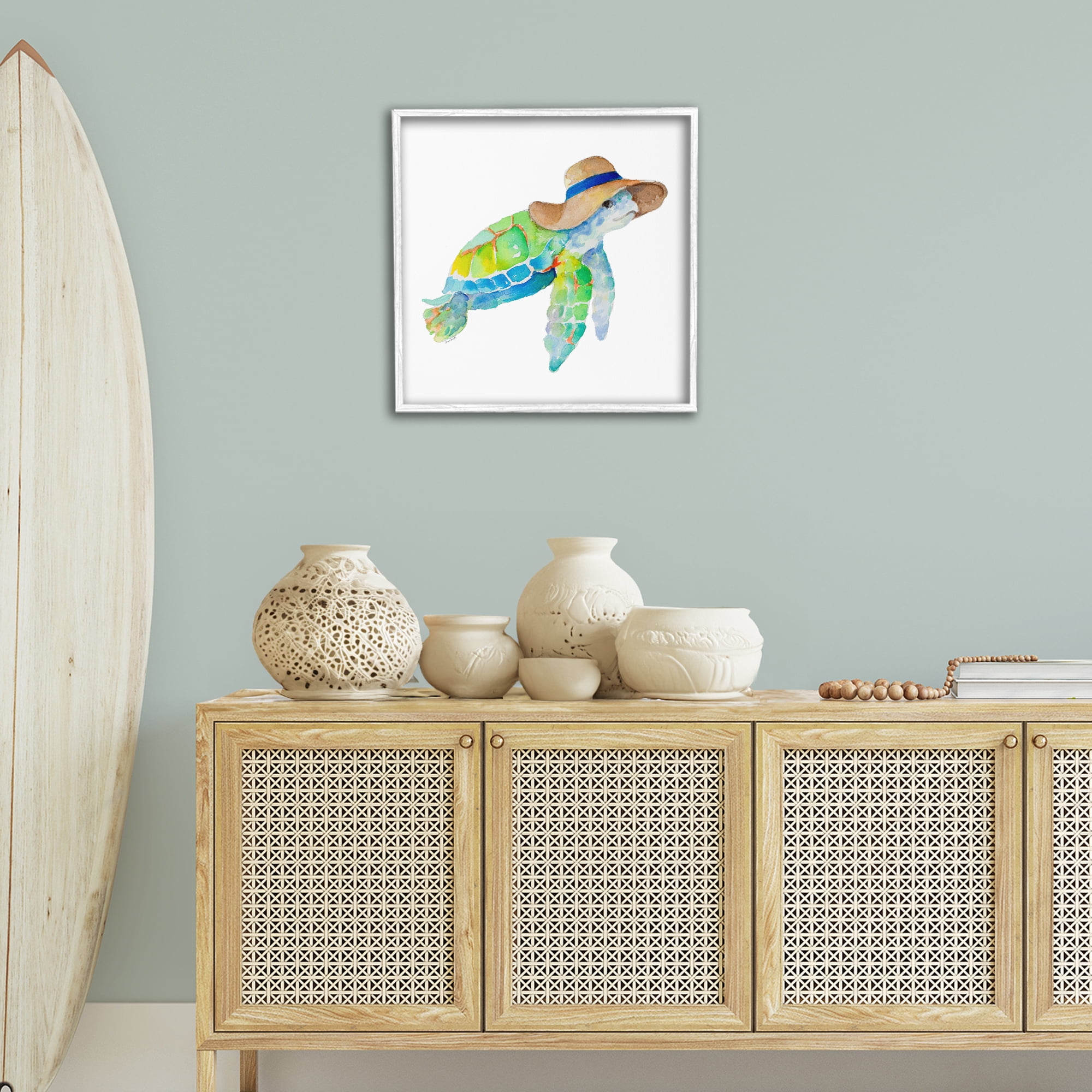 Stupell Industries Beach Ready Turtle Novelty Painting White Framed Art Print Wall Art, 24 x 24