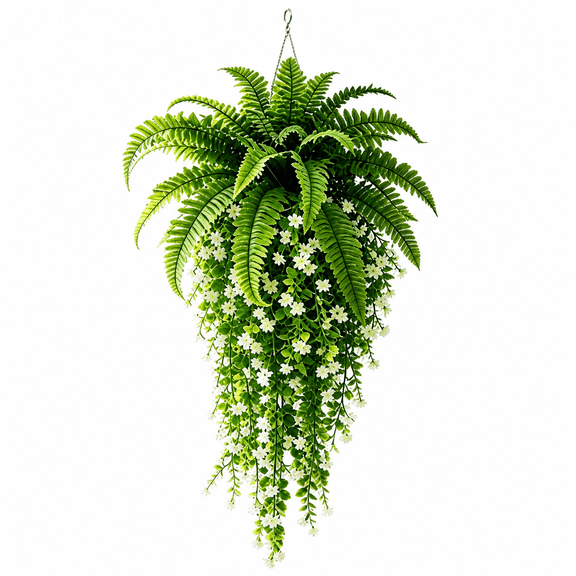 36-Inch Artificial Hanging Fern with White Flowers, Faux Trailing Plants with Metal Hook for Indoor Outdoor Porch, Patio and Wall Decor