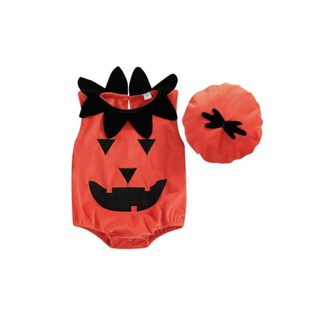 

Pudcoco Halloween Baby Girls Boys Romper Suit Cartoon Pumpkin Short Sleeve Casual Party Jumpsuit + Hat
