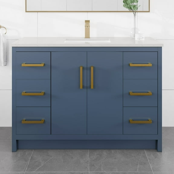 Eviva Curio 48"W x 18"D Dark Blue Bathroom Vanity with White Carrara Quartz Countertop and Undermount Porcelain Sink