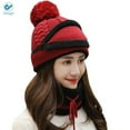 thumbnail image 3 of Deago Womens Pom Beanie Hat with Scarf and Mask Cover Set, Girls Warm Knitted Winter Beanie for with Fleece Lined (Red), 3 of 8