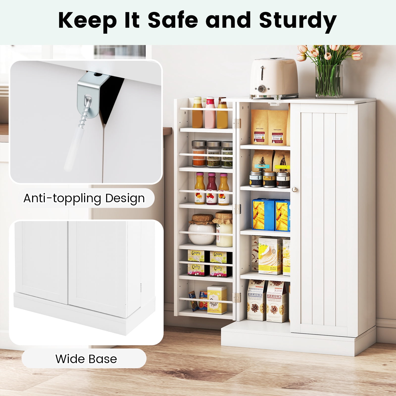 Costway 41'' Farmhouse Kitchen Pantry Storage Cabinet with Doors Adjustable Shelves White