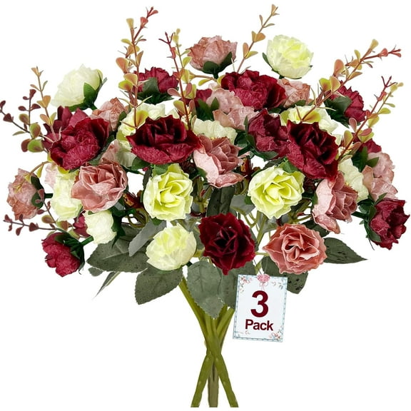 63 Heads Roses Artificial Flowers Bouquet 3 Bundles Fake Flowers for Cemetery Decorations Silk Flowers Fake Roses Home Decor Wedding Bouquet Faux Cemetery Flowers Summer Decor(Red)