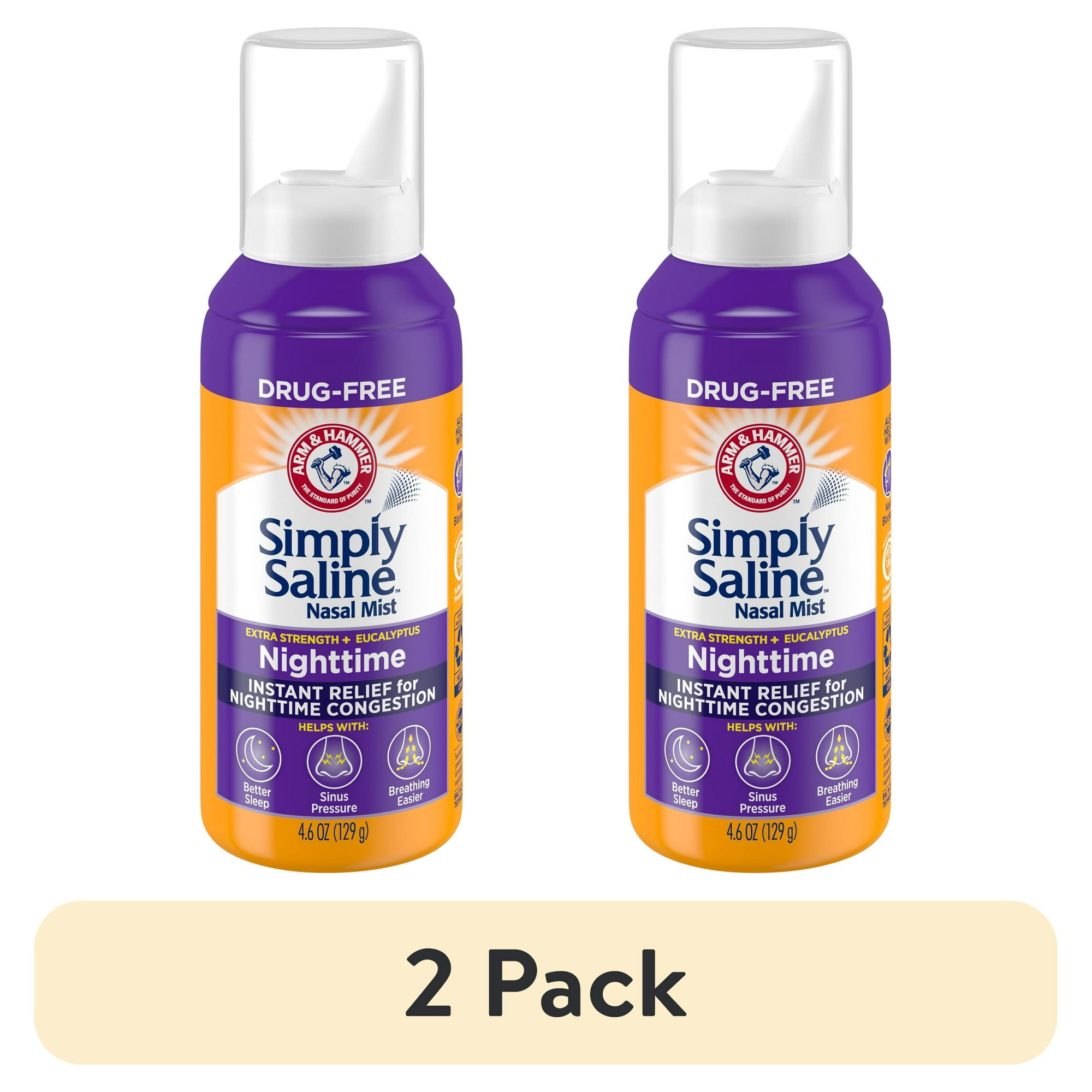 (2 pack) ARM & HAMMER Simply Saline Nighttime Drug-Free Mist for Nasal Congestion at Night, Extra Strength, Calming Eucalyptus, Safe to Use with Rx and OTC, For Adults and Kids Ages 2+, 4.6 oz (129 g)