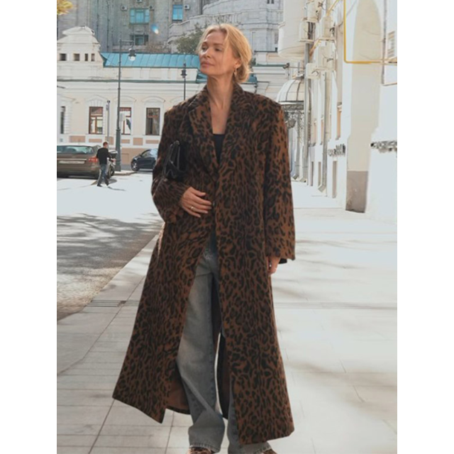 Abrigo largo con estampado de leopardo para mujer, chaqueta de manga larga con solapa y botones a presión laterales, elegante, novedad