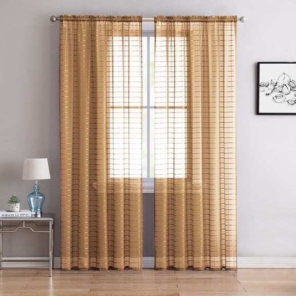 2 Pack: Contemporary Plaid Sheer Voile Window Curtains - Gold