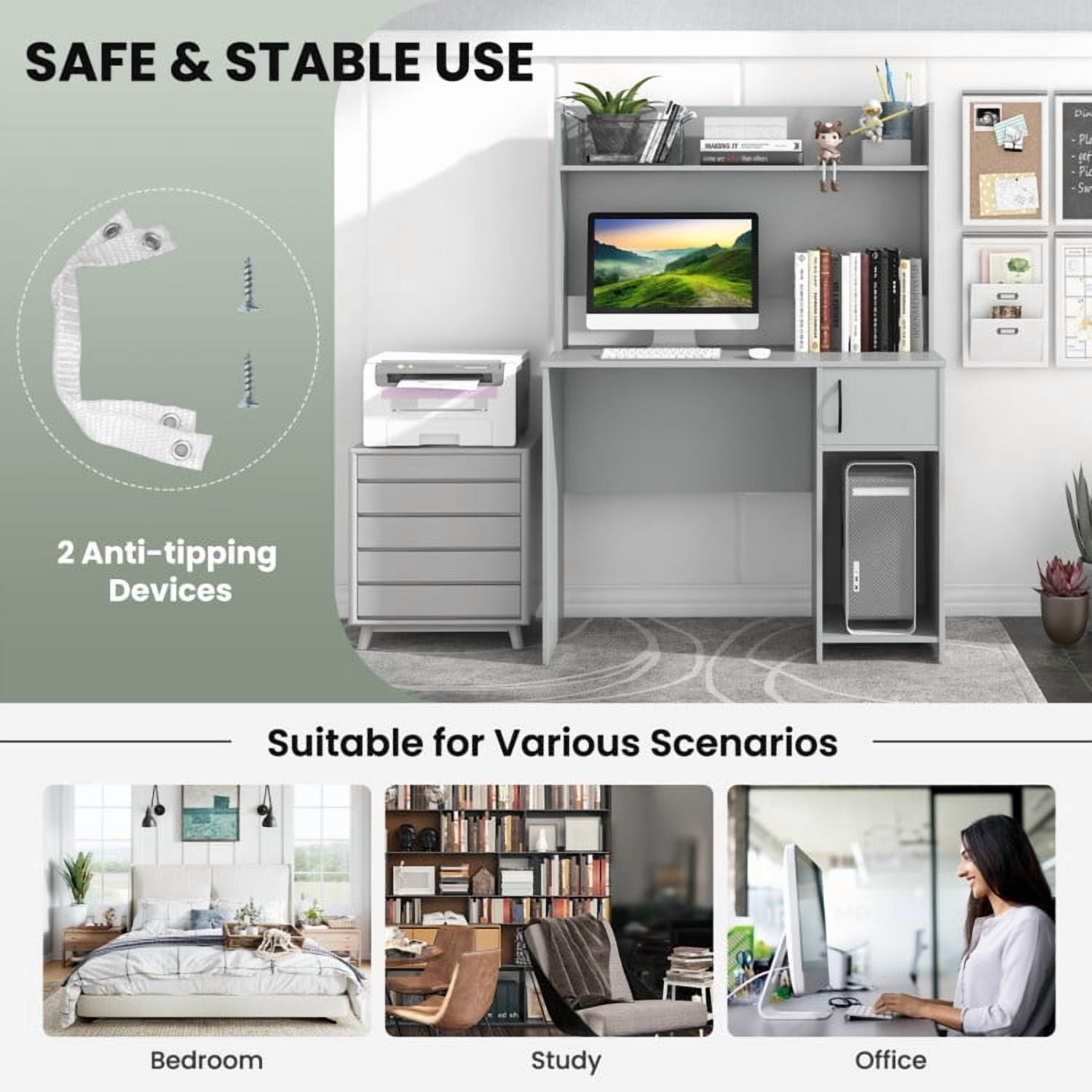 Spaco Home Office Desk with Raised Display Shelf and 2 Open Shelves-Gray, Office Desk, Gaming Computer Desks for Study,Working,Writing