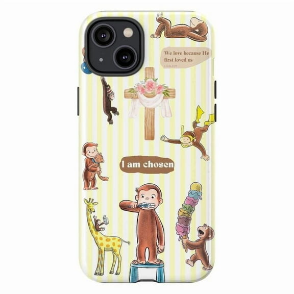 Faith-Inspired Curious Monkey Phone Case, Bible Verse "I Am Chosen" Christian Cross Design Protective Cover for iPhone 16 15 14 13 12 11 Pro Max Plus Mini