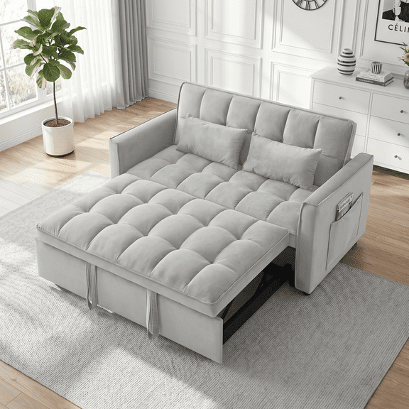Gewnee 53" Sleeper Sofa, 3 in 1 Convertible Sofa Bed & Pull Out Couch, Modern Velvet Loveseat with Adjustable Backrest, Side Storage Pocket and 2 Pillows for Small Spaces, Living Room, Light Gray