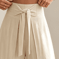 thumbnail image 3 of Morttic Women's High Waist Wide Leg Pants – Tie Waist Slit Design Solid Loose Boho Summer Beach Vacation Flared Trousers Beige，S, 3 of 6