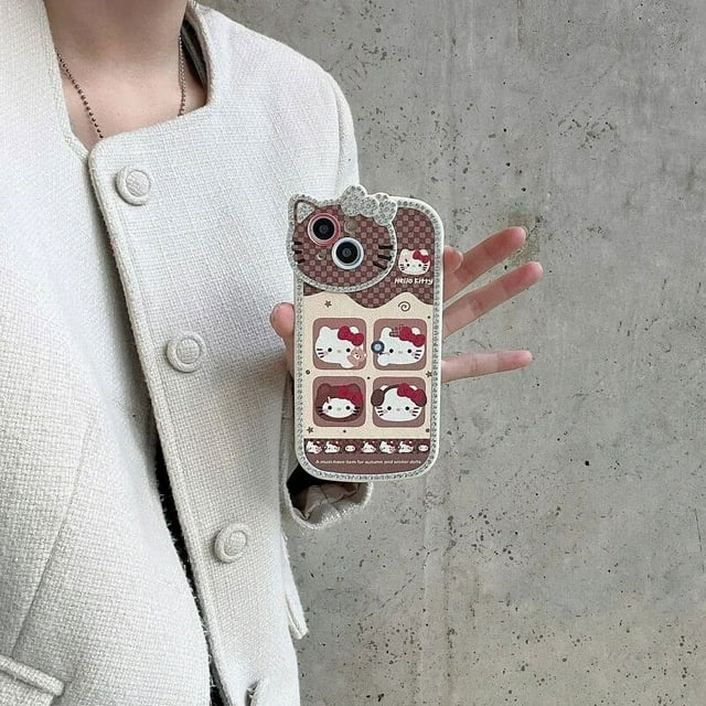 Cute Cartoon Glitter Crystal Flash Diamond Sanrio Hello Kitty Phone Case For iPhone 15 14 13 12 11 Pro Max Soft Leather Cover RJ