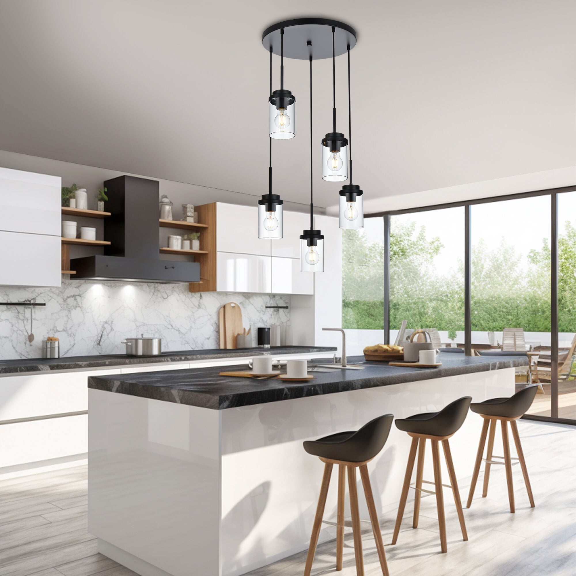 MELUCEE 5-Light Pendant Light Fixtures Ceiling Hanging Cluster Chandelier Black with Clear Glass Shade