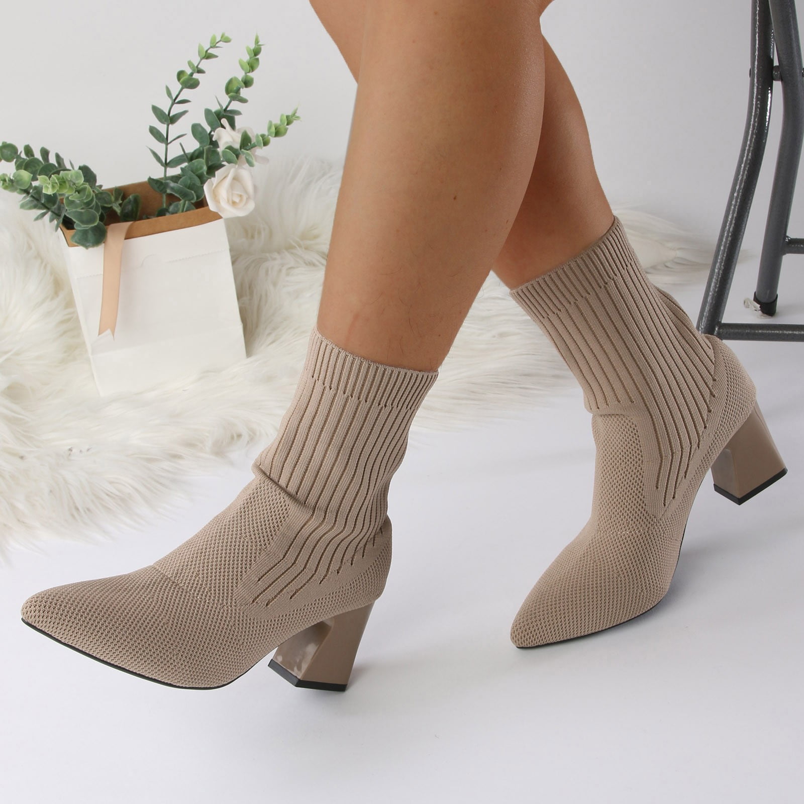 Bottines Femme Mi-mollet - Bout Pointu, Talon épais - Simili-cuir Imperméable - Semelle Antidérapante - 8