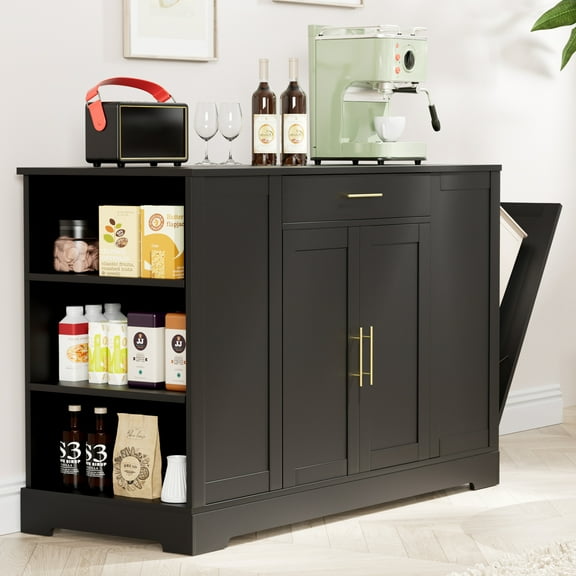 TLSUNNY 53" Large Kitchen Island with Tilt Out Trash Can Storage Cabinet, Wooden Stationary Storage Pantry with Drawer