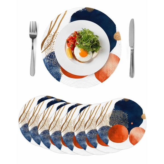 Navy Blue Burnt Orange Round 15 Inch Placemats Set of 8, Middle Century Modern Geometric HeatResistant Non Slip Place Mats for Dining Table, Wipeable Braided Kitchen Table Mats for Housewarming