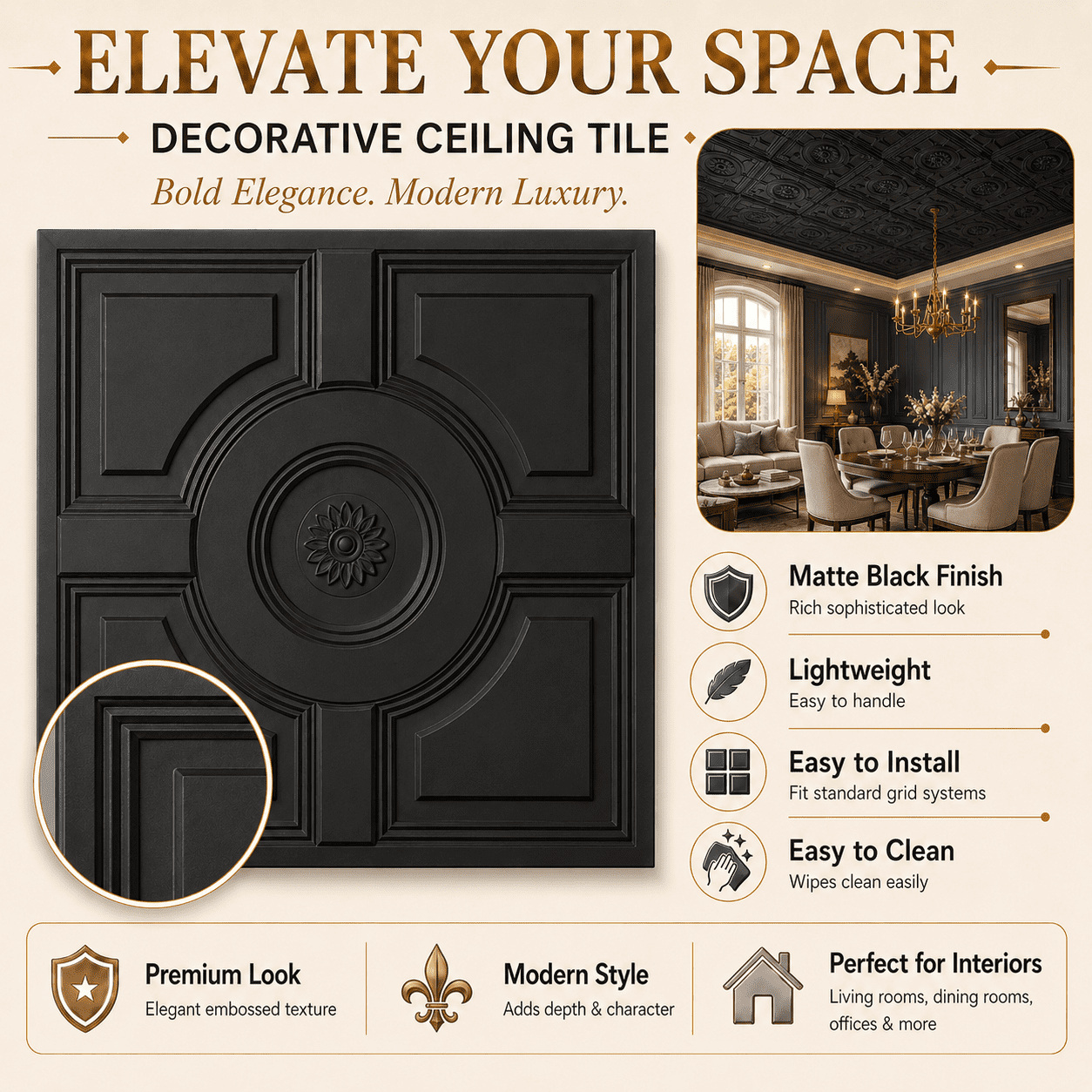 Yeslife 12-Pack Decorative Ceiling Tiles, 2 x 2 ft, Black Embossed, Waterproof Drop-in Glue-up, 48 sq ft