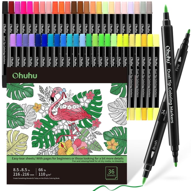 Marcadores Ohuhu de 48 colores con punta doble y libro para colorear de 36 páginas