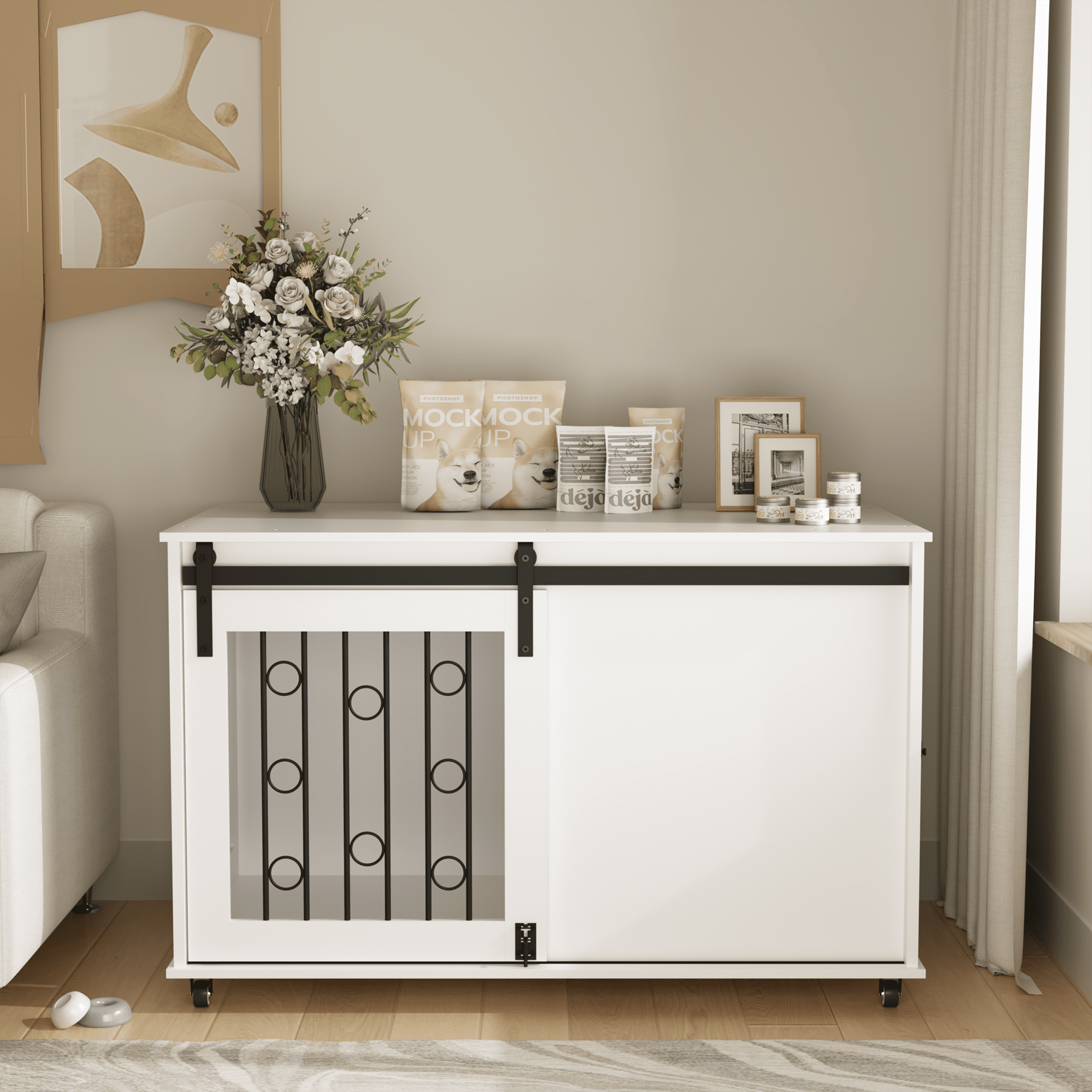UPLLX Wooden Dog Crate Furniture with Sliding Door, Indoor Kennel End Table, White