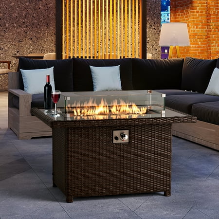 Sonegra 44in CSA Propane Fire Table-50 000 BTU Gas Fire Pit Table Rectangular with Auto-Ignition Patio Wicker Fire Dining Table for Outside with Wind Guard/Tempered Glass Desktop/Oxford Cover Brown