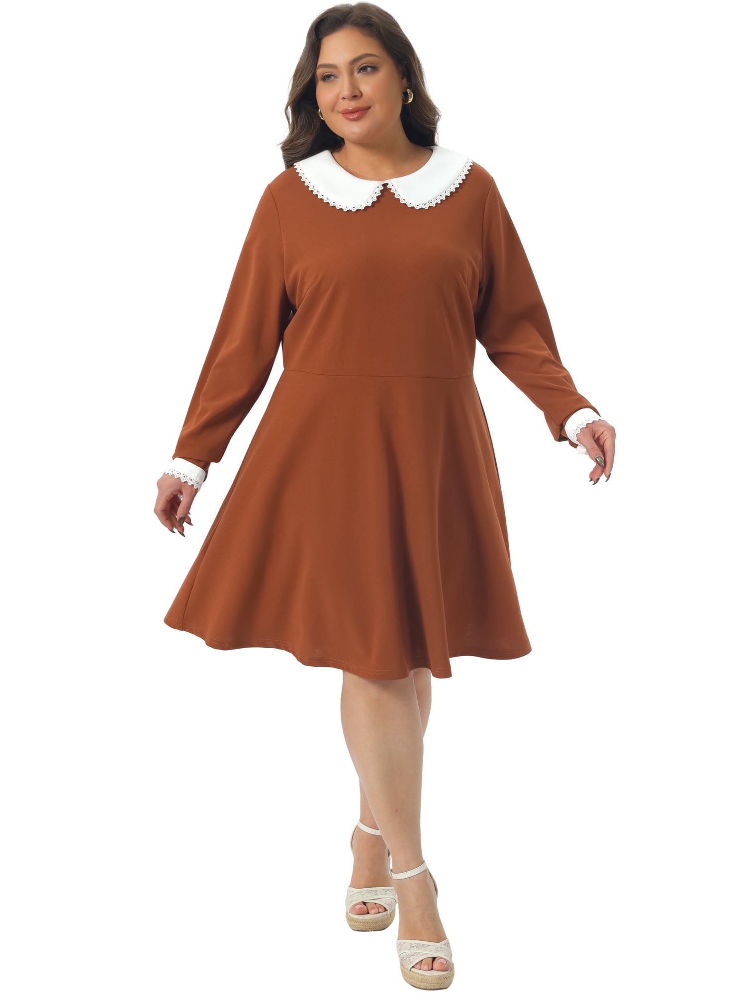 DARING DIVA Women's Plus Size Long Sleeves Collar A-line Midi Dress 1X Caramel